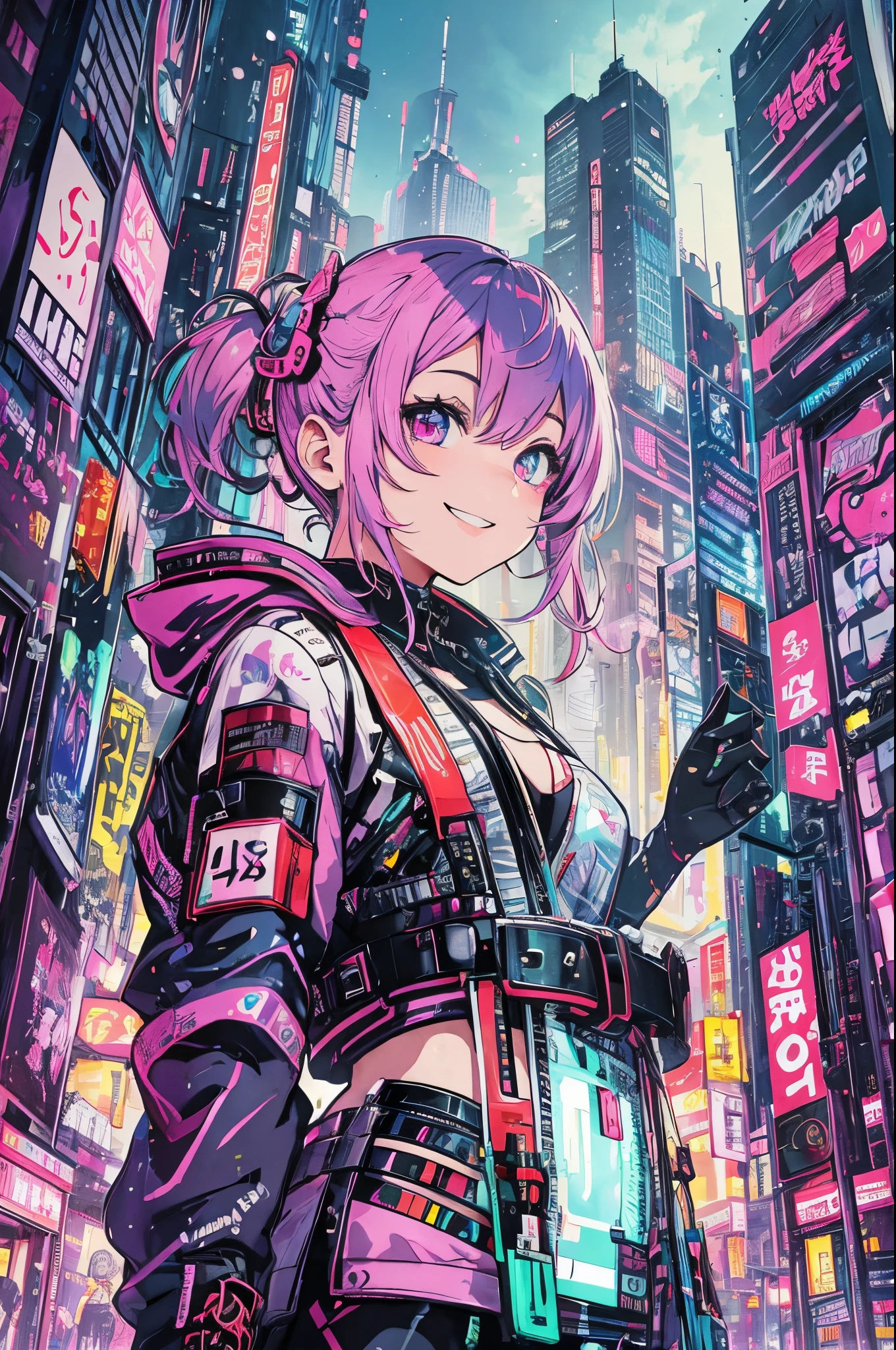 (shiny white skin:1.4),(slippy  girl with  gigantic breast:1.4),(cute face:1.2) , (white hair:1.2),(mysterious pink glowing blocks at night :1.4) ,(big loose coverall:1.5),(bangs:1.2)