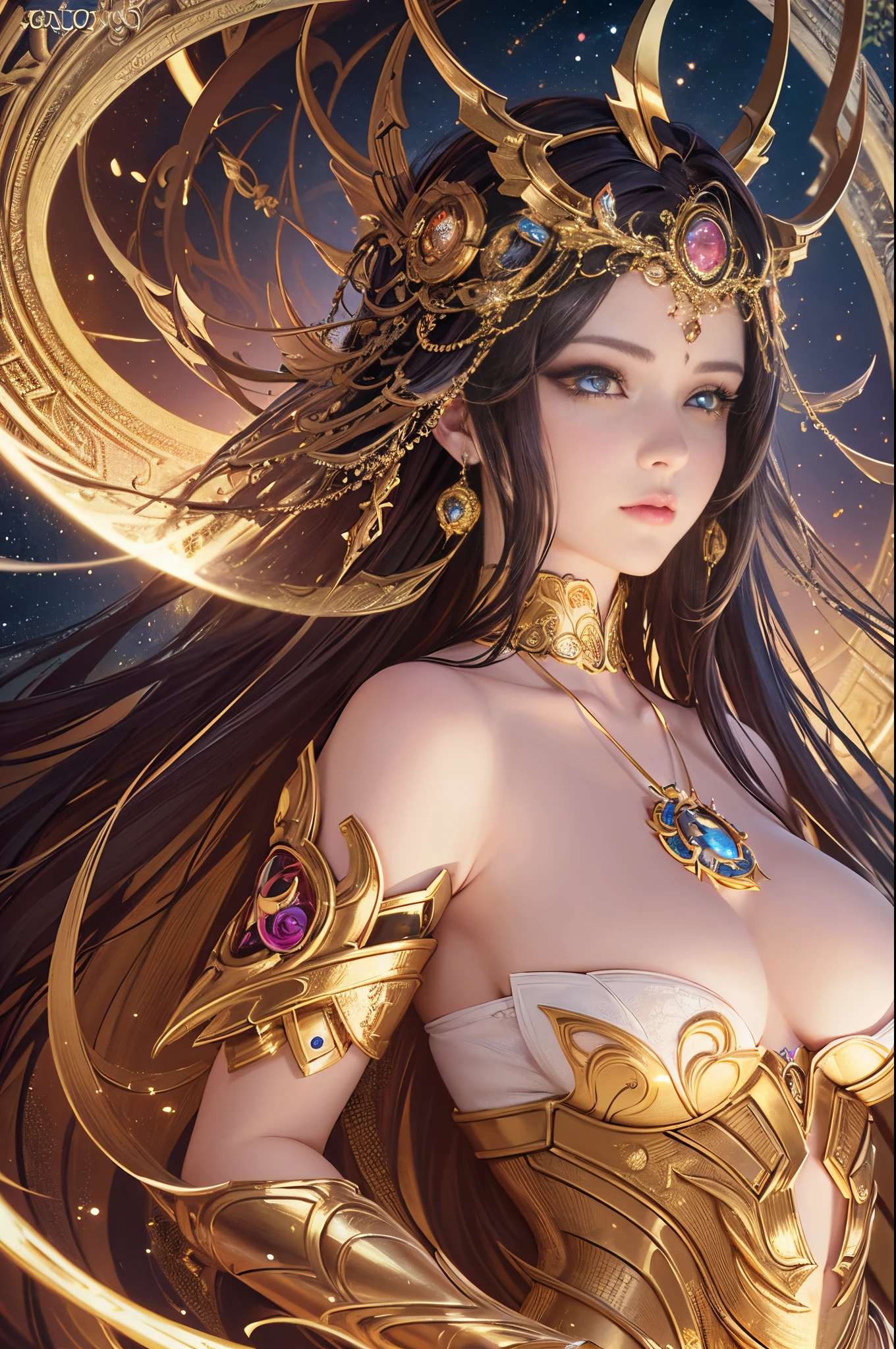 intricate ornate anime cgi style, super detailed fantasy characters, 4K highly detailed digital art, karol bak uhd, cyborg goddess in cosmos, beautiful digital works of art, 2. 5 d cgi anime fantasy artwork, Goddess. extremely high detail, portrait of cyborg queen, extremely detailed goddess shot