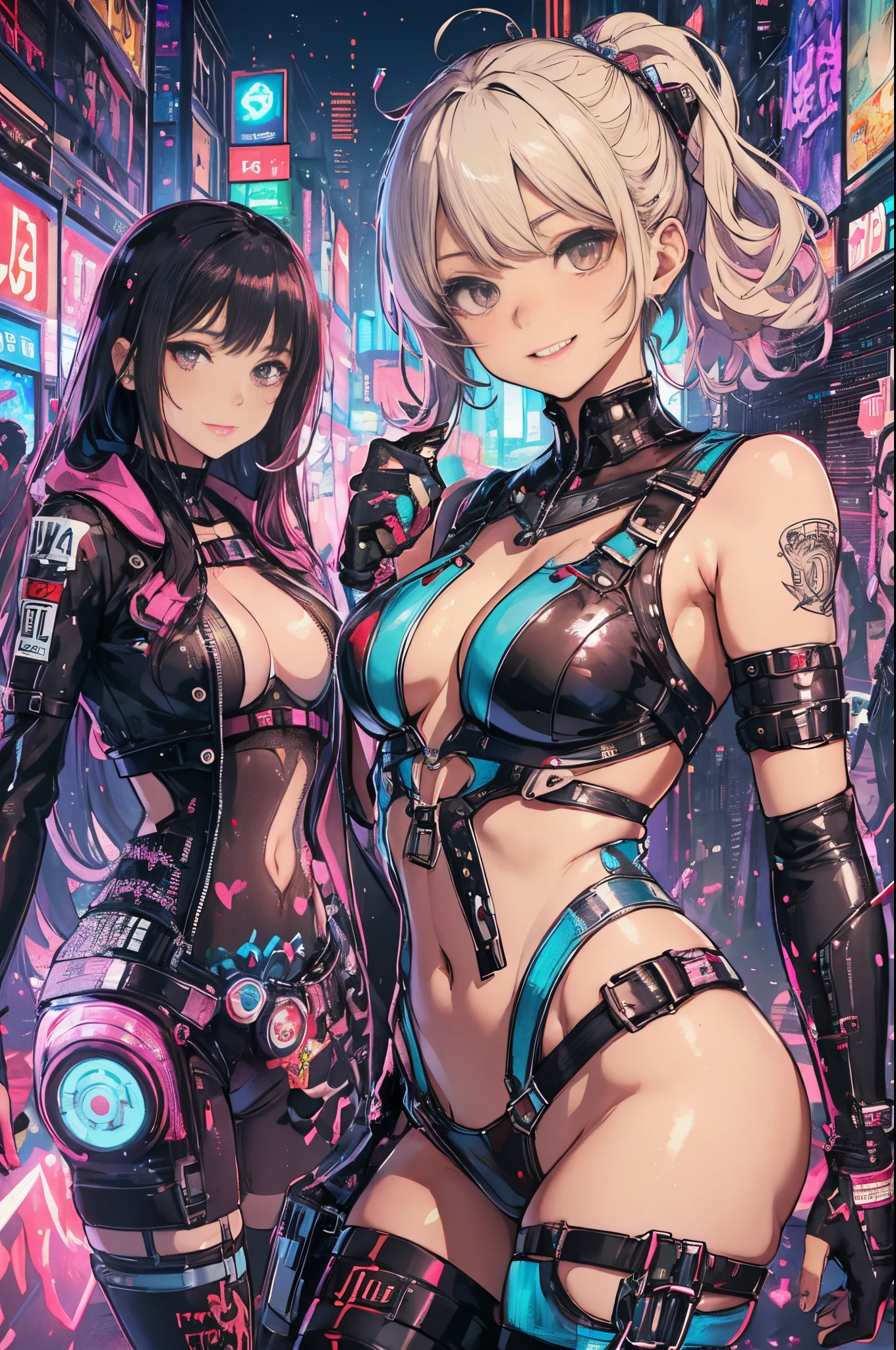 masterpiece, best quality, 2 ((smiling)) cyberpunk girls standing together, Harajuku-inspired cyberpunk body harness, bold colors and patterns, eye-catching accessories, trendy and innovative hairstyle, dazzling Cyberpunk cityscape, skyscrapers, neon signs, LED lights, bright and vivid color scheme, anime, illustration, detailed skin texture, detailed cloth texture, beautiful detailed face, intricate details, ultra detailed.