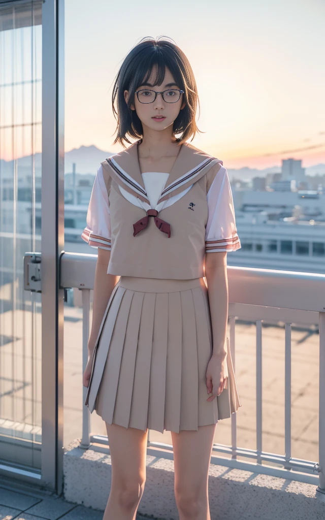 8k,cinematic lighting,top-quality,Top image quality,masterpiece,best quality,depth of field,ultra-detailed,from above,mideum shot,full body,1girl,Japanese,32 years old,(Gyaru:1.2),(Black hair,a short bob:1.2),(Oval light brown cell frame glasses:1.2),detailed brown eyes,(slender body:1.2),((flat chest:1.5)),slightly large hip,(tanned skin), (School Rooftop:1.1),sunset,magic hour,from below,smile,(blushing:1.4),(seifuku:1.3),white school uniform, red scarf, (navy blue pleated skirt),Standing,