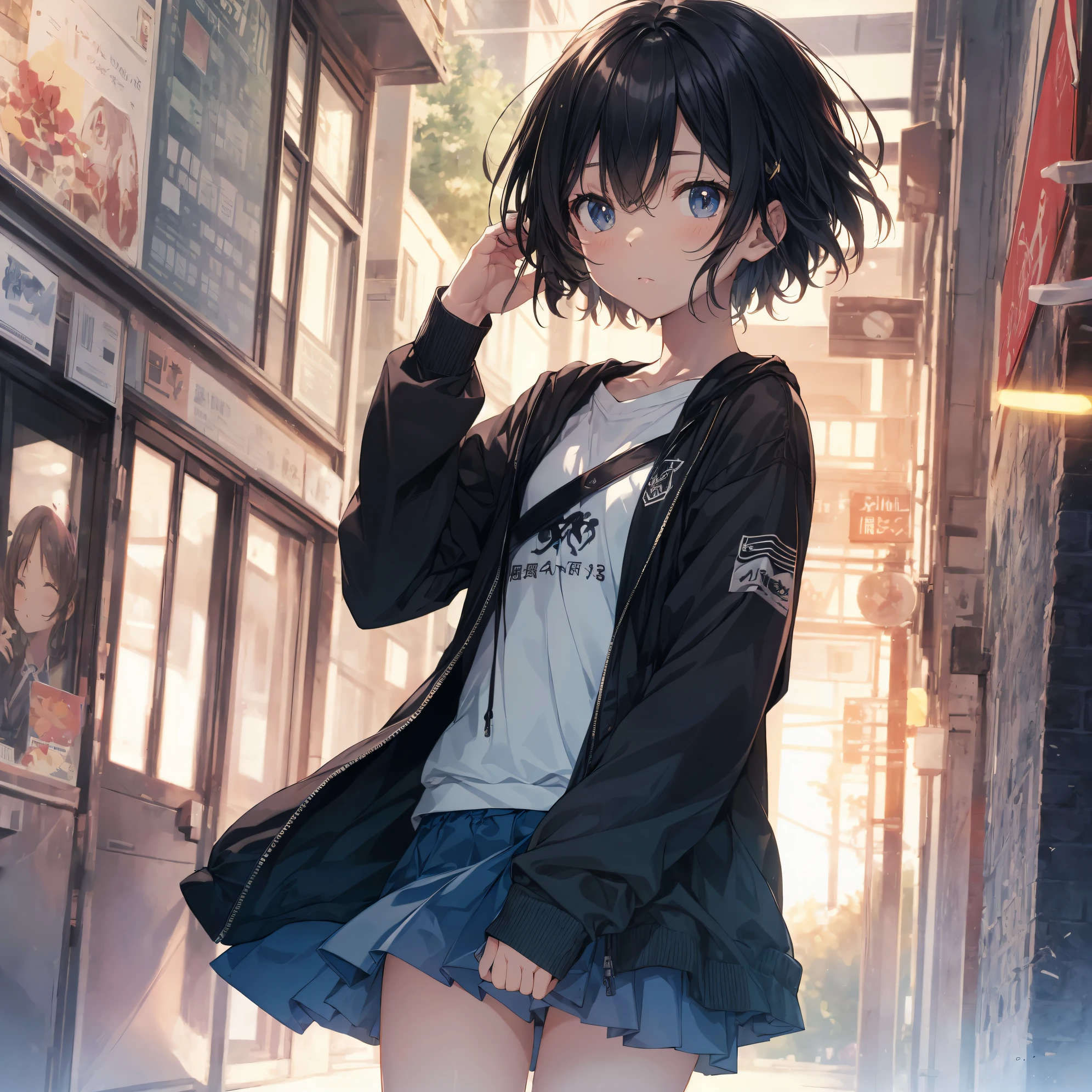 1 girl, short black hair, blue eyes, wearing plain white shirt, wearing jacket, short skirt, wearing headphone, city, high res, ultrasharp, 8k, masterpiece, looking at viewer