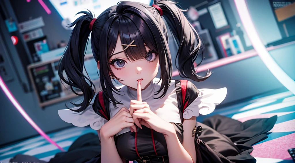 Ame, ame-chan, needy streamer overload, needy streamer overdose, risque pose, nsfw, big boobs, thick thighs, digital illustration, vibrant colors, soft lighting, perfect face, absurdres, ultrasharp, 8K, perfect hands, glowing effects, pixel effects, digital girl, gothic, lolita dress, short skirt