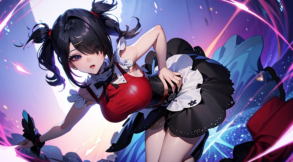 Ame, ame-chan, needy streamer overload, needy streamer overdose, risque pose, nsfw, big boobs, thick thighs, digital illustration, vibrant colors, soft lighting, perfect face, absurdres, ultrasharp, 8K, perfect hands, glowing effects, pixel effects, digital girl, gothic, ****ta dress, short skirt