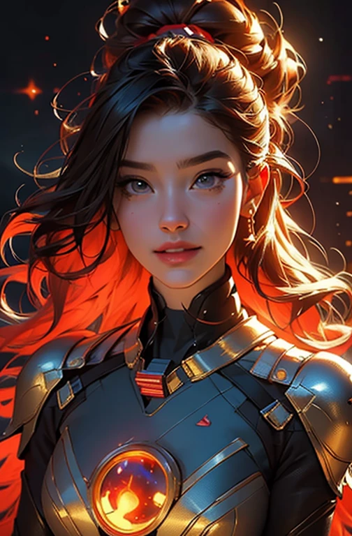 Highly detailed RAW color photo, beautiful young woman, smile at you, long red wavy hair, red with gold space ranger costume, running dynamic pose, (detailed skin), (detailed lips), (detailed eyes), (cosmic: 1.4), (necropolis: 1.1), (science fiction setting) (detailed face), (athletic), detailed eyes, space scene with planets and burning sun, chromatic aberration, depth of field, soft lighting, masterpiece, best quality, intricaens reflection: 0.7), (flowering: 0.7), particle effects, ray tracing, tone mapping, highly detailed, concept art, smooth, sharp focus, dramatic lighting, highly detailed art, cinematic, hyper-realistic painting, trending on Artstation, 8K, amazing shadows, realistic, (highly detailed background: 1.2), mid-journey art
