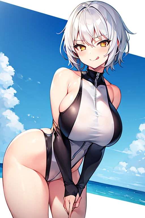 1girl, white hair, very short hair, tomboy, boish, large breasts, breasts, wide hips grey hair, silver hair, yellow eyes, smile, smirk, smug, tongue out, tongue, competition swimsuit, one-piece swimsuit, black swimsuit, pervert, nsfw