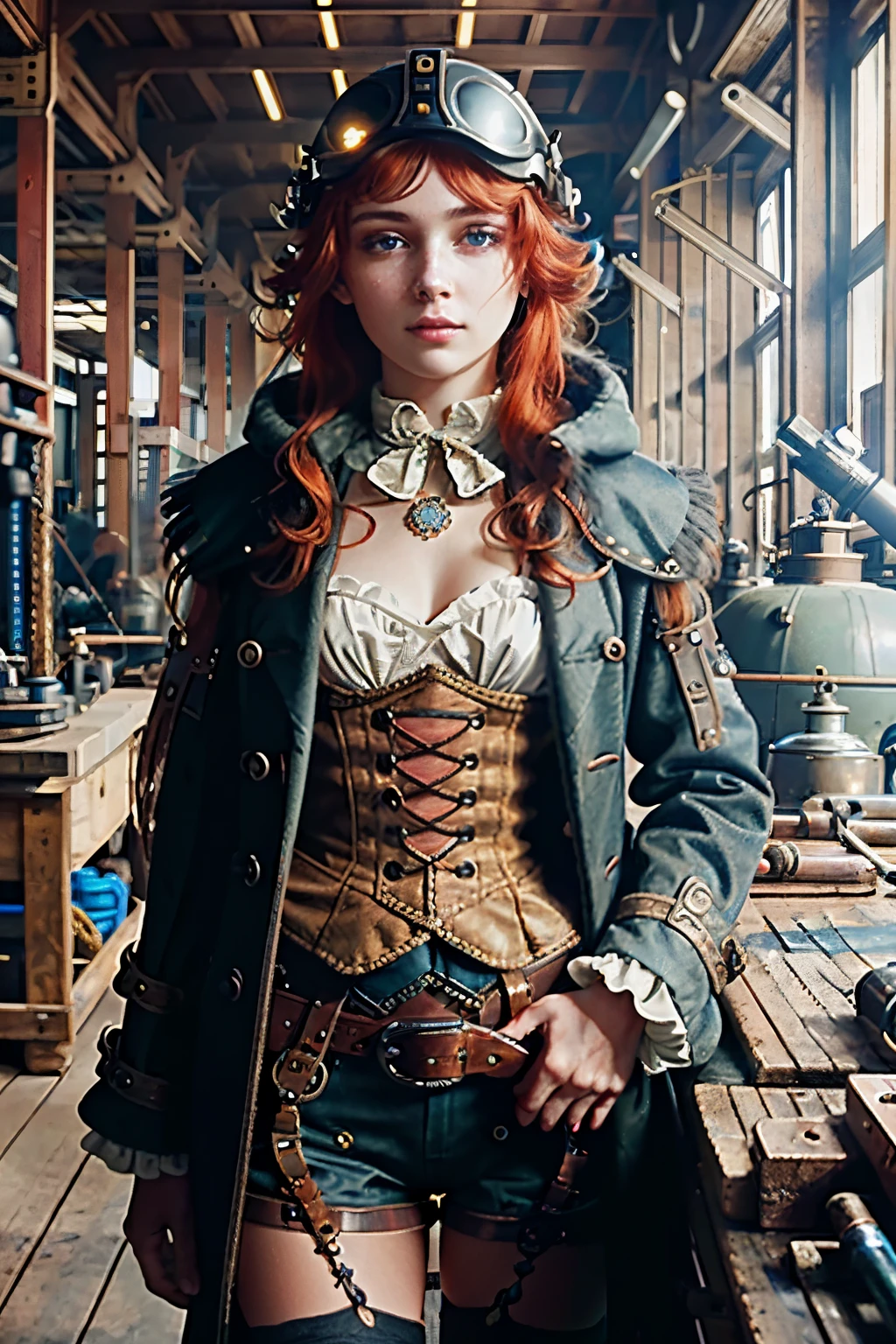 (8k, RAW photo, highest quality), beautiful girl using tools next to a desk, in a factory,  water pipe, water tank, 18 century,  red head, steampunk aviary helmet ,avairy coat, (detailed eyes:0.8), (looking at the camera:1.4), (highest quality), (best shadow), intricate details, interior, dark studio, muted colors,  (steam punk),