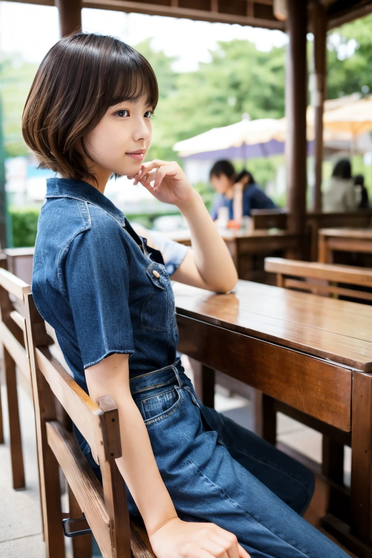 service area、japanes、a beauty girl、(ars)、Bolides、Wavy Shorthair、sit on a bench、No line of sight、