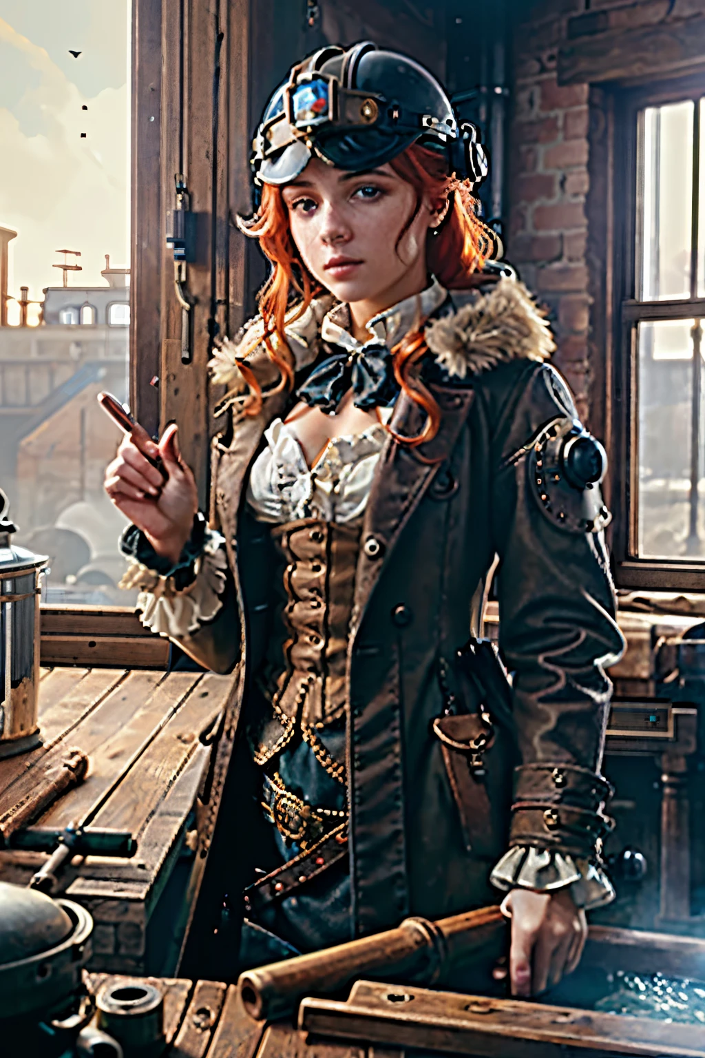 (8k, RAW photo, highest quality), beautiful girl using tools next to a desk, in a factory,  water pipe, water tank, 18 century,  red head, steampunk aviary helmet ,avairy coat, (detailed eyes:0.8), (looking at the camera:1.4), (highest quality), (best shadow), intricate details, interior, dark studio, muted colors,  (steam punk),