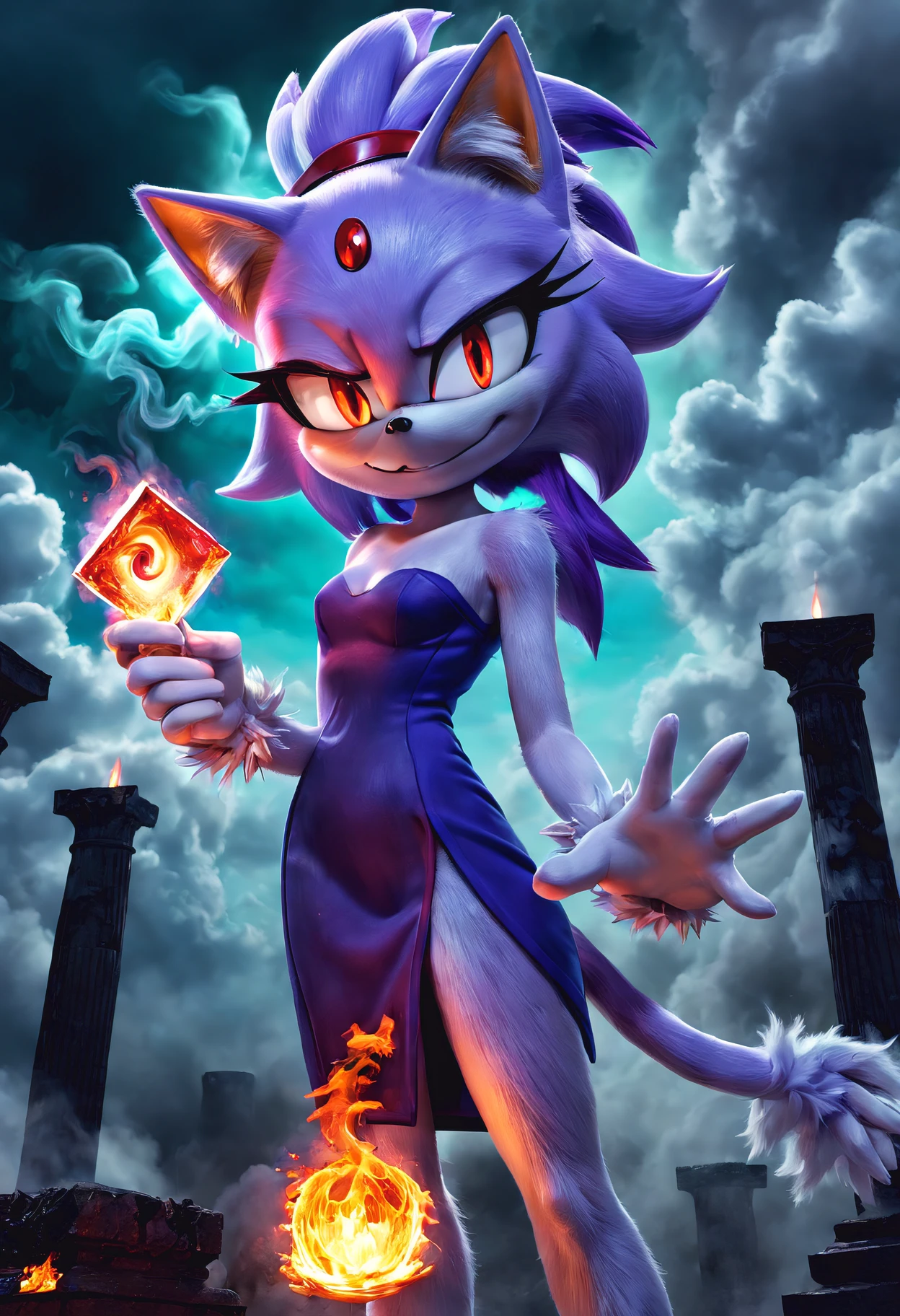 blaze the cat from sonic the hedgehog, glowing red eyes, wispy hair, pillars of smoke, made out of smoke, ghost-like, demonic appearance, holding a small teal glowing metal square in her hand, smiling evilly, malicious look, swirling cloudy misty background, creepy, stunning visual