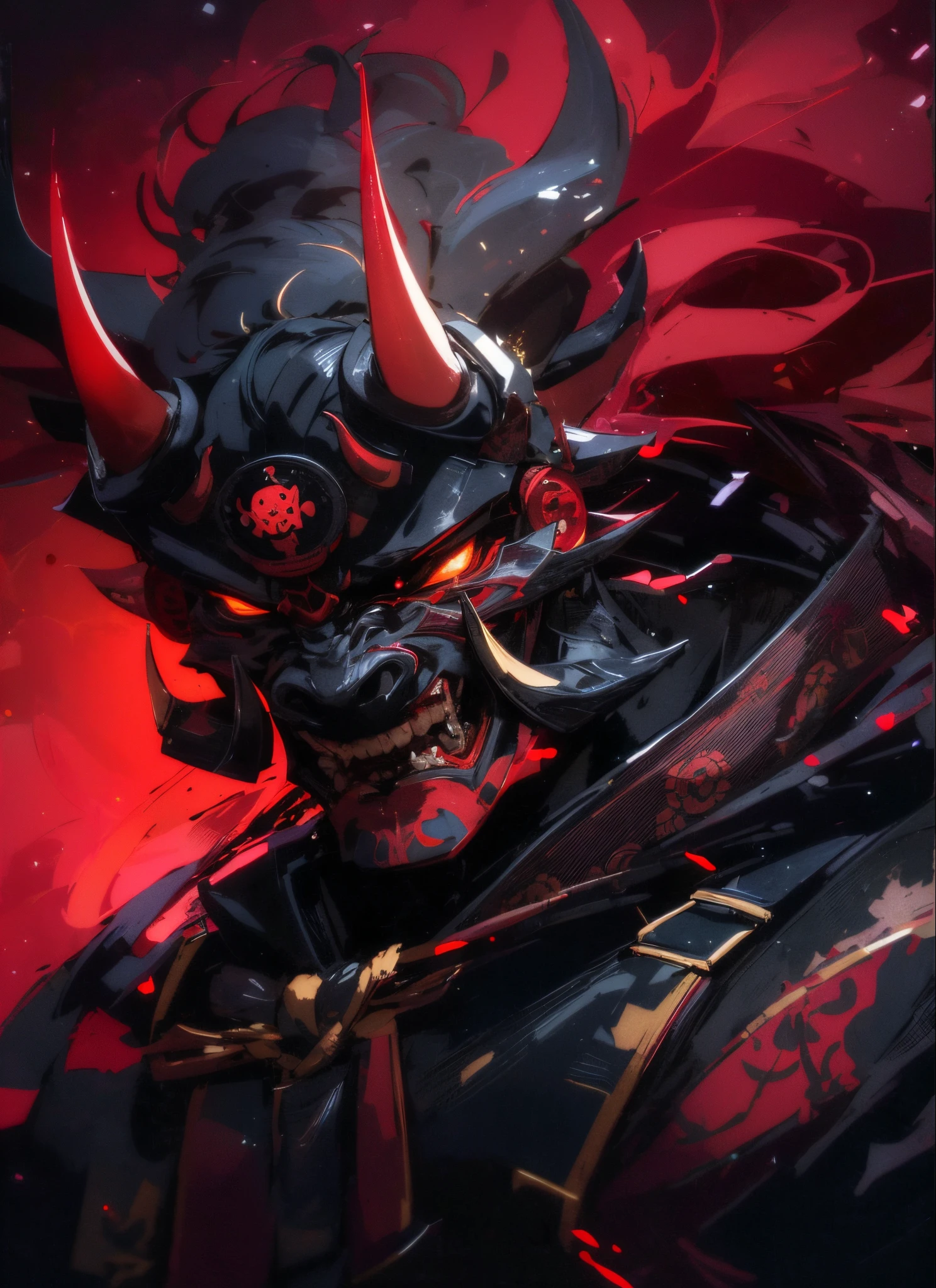 a close up of a demonic looking demon with red eyes, demon samurai, villain wearing a red oni mask, demon samurai warrior, oni horns, demon samurai mask, oni mask, samurai with demon mask, black bull samurai, oni, moon bull samurai, onmyoji portrait, cyborg samurai, onmyoji detailed art, handsome japanese demon boy, onmyoji