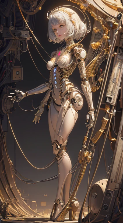 (((masterpiece))), (((best quality))), ((ultra-detailed)), (highly detailed CG illustration), ((an extremely delicate and beautiful)),,cinematic light,((1mechanical fly)), solo,full body,(machine made joints:1.4),((mechanical limbs)), ((standing over a corpse)),expressionless,(wires and cables attached body:1.5),(character focus),(pool of blood)science fiction