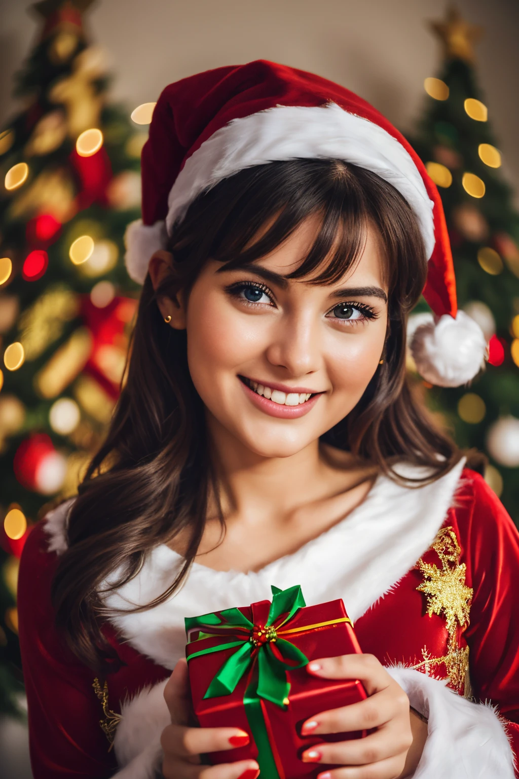 Extremely beautiful 27 year old girl in Santa Claus dress, big laugh, (hyper quality detailing of face), holding lots of gifts in her hand, Christmas celebration, Christmas party, celebration mood in the atmosphere, happy faces everywhere, children surrounded her, vibrant colors, intricate detailed image, UHD, cinematic lighting effects, 64K, zeta pixel image