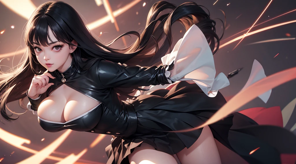 tomie1, junji ito, risque pose, nsfw, big boobs, thick thighs, digital illustration, vibrant colors, soft lighting, perfect face, absurdres, ultrasharp, 8K, perfect hands, glowing effects, pixel effects, digital girl, gothic, ta dress, short skirt, puffy skirt