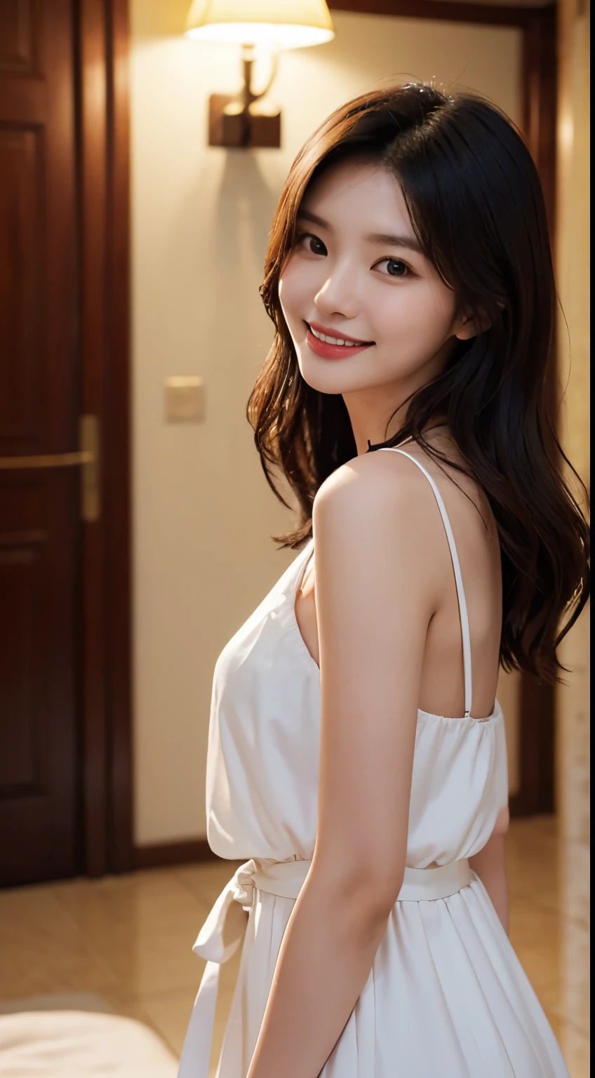 ulzzang-6500-v1.1, (RAW photo:1.2), (Photoreal), beautiful detailed girl, (See-through:1.3), (genuine: 1.4), very detailed目と顔, beautiful and detailed eyes, elegant long dress、(very kind smile:1.2)、huge file size, High resolution, very detailed, highest quality, [masterpiece:1.6], enlightenment, very detailed, nffsw, finely, highest quality, 8k wallpaper, movie lighting, 1 girl, , perfect body shape, cute droopy eyes、beautiful big eyes、 ((muste piece)), highest quality, 1 girl, eye shadow, Upper body, portrait, ((full body shot:1.5))、