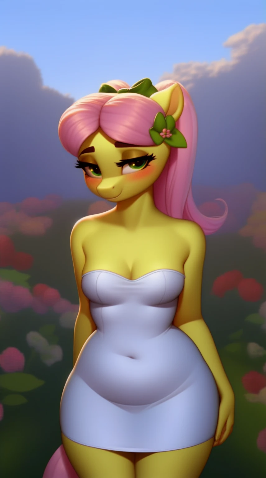 (score_9), (source_pony), (solo), (earth pony), ((anthro Posey Bloom1.1)), (strapless white tube dress), sexy, blushing, seductive look, messy hair, lidded eyes, sultry pose, bedroom eyes, anatomically correct, night garden, small breasts, half body, solo, hourglass figure, curvy, plump body, young, short, chubby, cute, high res, facing straight at viewer,