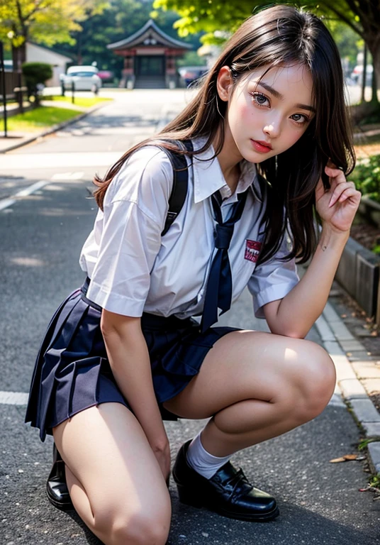 (8K high-definition), (Top Quality), (RAW quality),(masutepiece:1.2), (realisitic), (Photorealistic:1.37), ,large eyes,long eyeslashes,(Live-action realistic style),The Ultimate Face,Realistic light and shadow,Clear Facial Features,,Fair skin, ),Best Portrait,Shooting at close range, 1 rapariga, Cute,Beautiful detailed eyes,highlydetailed skin,(Beautiful face with double eyelids), (realism: 1.4),((full body image)) ,detailed and beautiful face,,Women around 20 years old,(Beautiful Face 1.4),middle way hair,((Japanese school girl in school uniform)),(Make eye contact with your audience),red lipsticks,Limping around the eyes,(Laugh a little),In a park rich in nature,Sit upright on one knee.,The skirt is rolled up.、The panties are fully visible..,Pastel-colored panties,I love showing my panties to my viewers,Show your panties to your audience,(Japan Schoolgirl Uniform),A beautiful face reflected in the light,red lipsticks,Limping around the eyes,A very beautiful foot is an attractive point,A very bright world