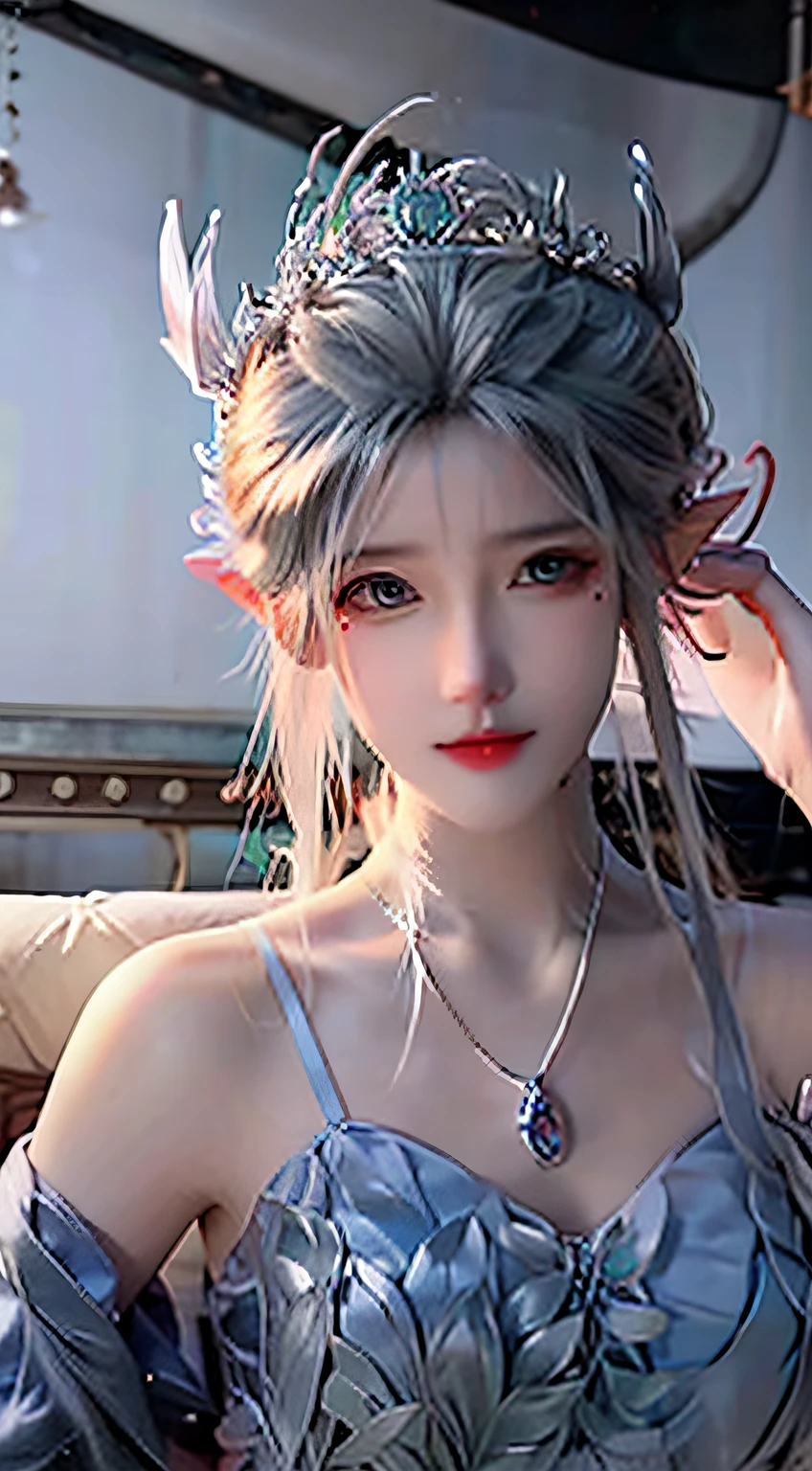1 peach blossom demon，There are pink peach blossoms on the head，no loose hair，All tied up neatly，Green gem fringe hair accessories hang naturally on both sides, green earrings，Pink gauze wrapped around arm，Hanfu，one shoulder，Expose the collarbone，Wearing ancient Chinese clothes,