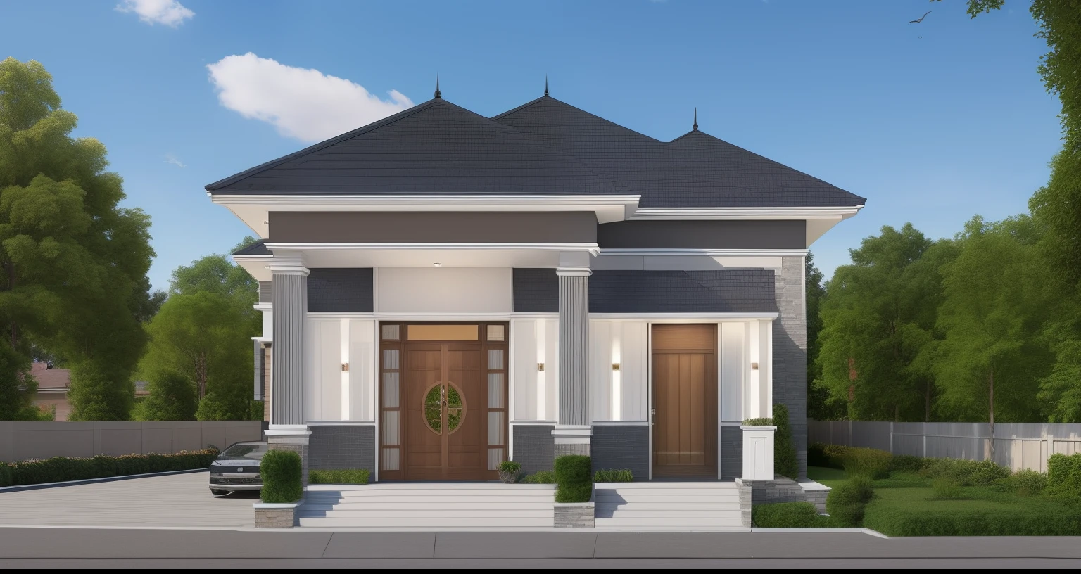 a drawing of a small house with slope roof,  (brightenness:1.3), (morden:1.3)), (road:1.3), large space infront of, detail flower front perspective, frontview, perspective view, wide frontal view, front view, front-view, rendering, elevation view, front elevation view, all white render, sketch - up, frontal view, symmetrical front view, front facing view, front elevation, 3/4 front view, front side view,"A picture showcasing a captivating modern villa, featuring an expansive and well-ventilated yard adorned with vibrant flowers and flourishing trees."(RAW photo), highest quality, (masterpiece:1.2), High detail RAW color photo,  extremely detailed CG unity 8k wallpaper, (photo realism:1.4), (highres),  hyperdetailed, (photorealistic:1.2), (best quality:1.erfect ???????,  (exterior), model villa, super realistic , 32k