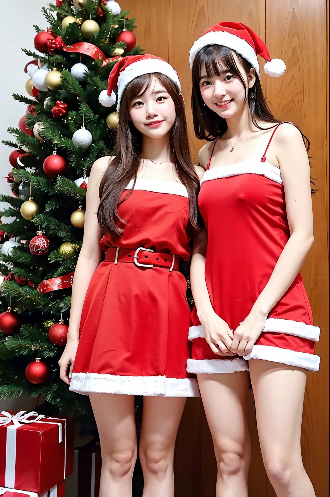 2 girls standing in Christmas classroom,santa claus flare dress,santa claus hat,Christmas tree,18-year-old,bangs,a little smile,thighs,crotch,knees,from below