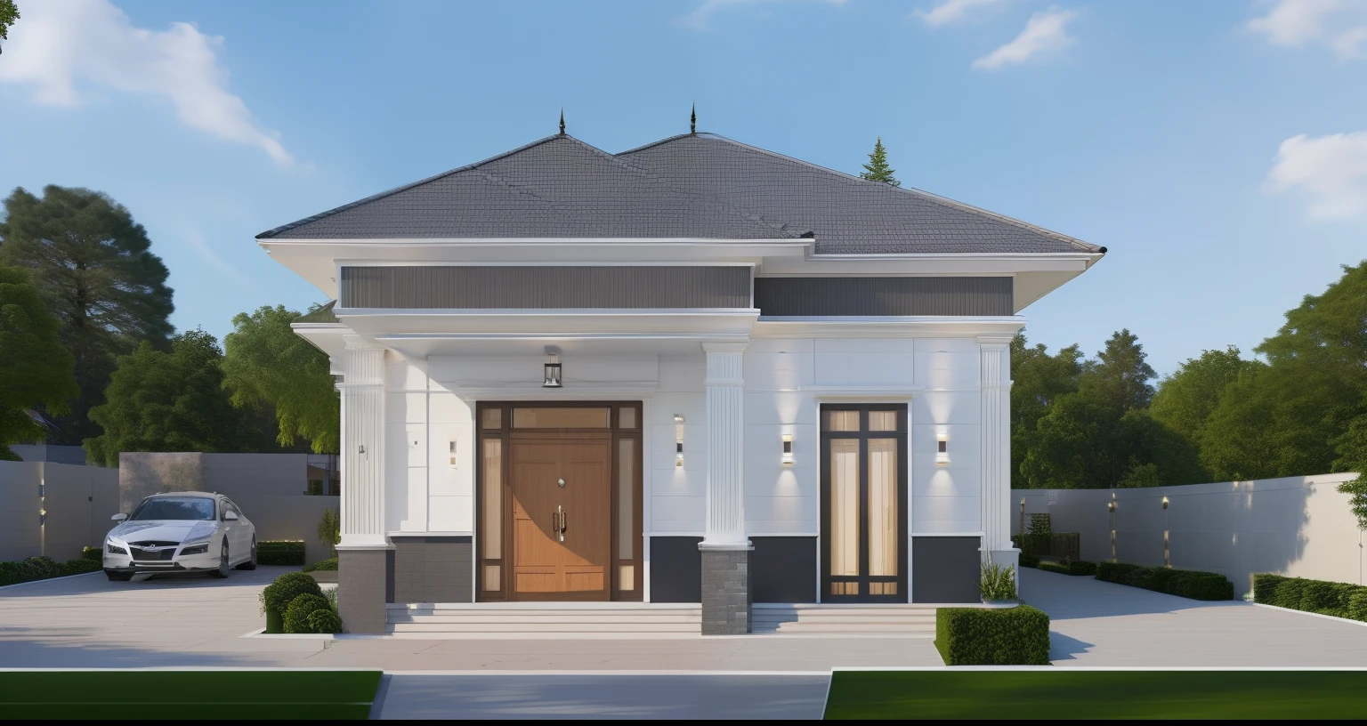 a drawing of a small house with slope roof,  (brightenness:1.3), (morden:1.3)), (road:1.3), large space infront of, detail flower front perspective, frontview, perspective view, wide frontal view, front view, front-view, rendering, elevation view, front elevation view, all white render, sketch - up, frontal view, symmetrical front view, front facing view, front elevation, 3/4 front view, front side view,"A picture showcasing a captivating modern villa, featuring an expansive and well-ventilated yard adorned with vibrant flowers and flourishing trees."(RAW photo), highest quality, (masterpiece:1.2), High detail RAW color photo,  extremely detailed CG unity 8k wallpaper, (photo realism:1.4), (highres),  hyperdetailed, (photorealistic:1.2), (best quality:1.erfect anatomy,  (exterior), model villa, super realistic , 32k