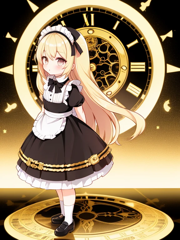 full body, (extremely complex detailed mechanism of Golden Clock wallpaper), very fine 8KCG wallpaper, Best Quality ，ultra-detailliert ，Beautiful face ，​masterpiece、standing、top-quality(​masterpiece), top-quality, golden hair、golden hair、Black with gold accent ****ta Clothes、dark gold eyes、cute little、​masterpiece、top-quality、Top image quality, (captured from half right side), (hands behind back), (((dont show hands!!!))), absurderes，Lori ，(straight-on),full bodyesbian,standing,A girl,golden hair,golden_Hair,dark_gold_Eyes,gold_Eyes, hair between eye, hair over shoulders, snowflake hair ornament, Best quality, A high resolution,(Long_Hair),Black_with_gold_ornament_Skirt,dark_gold_neck bowtie,black_Socks,Straight hair,(arms behind back),maid_dress