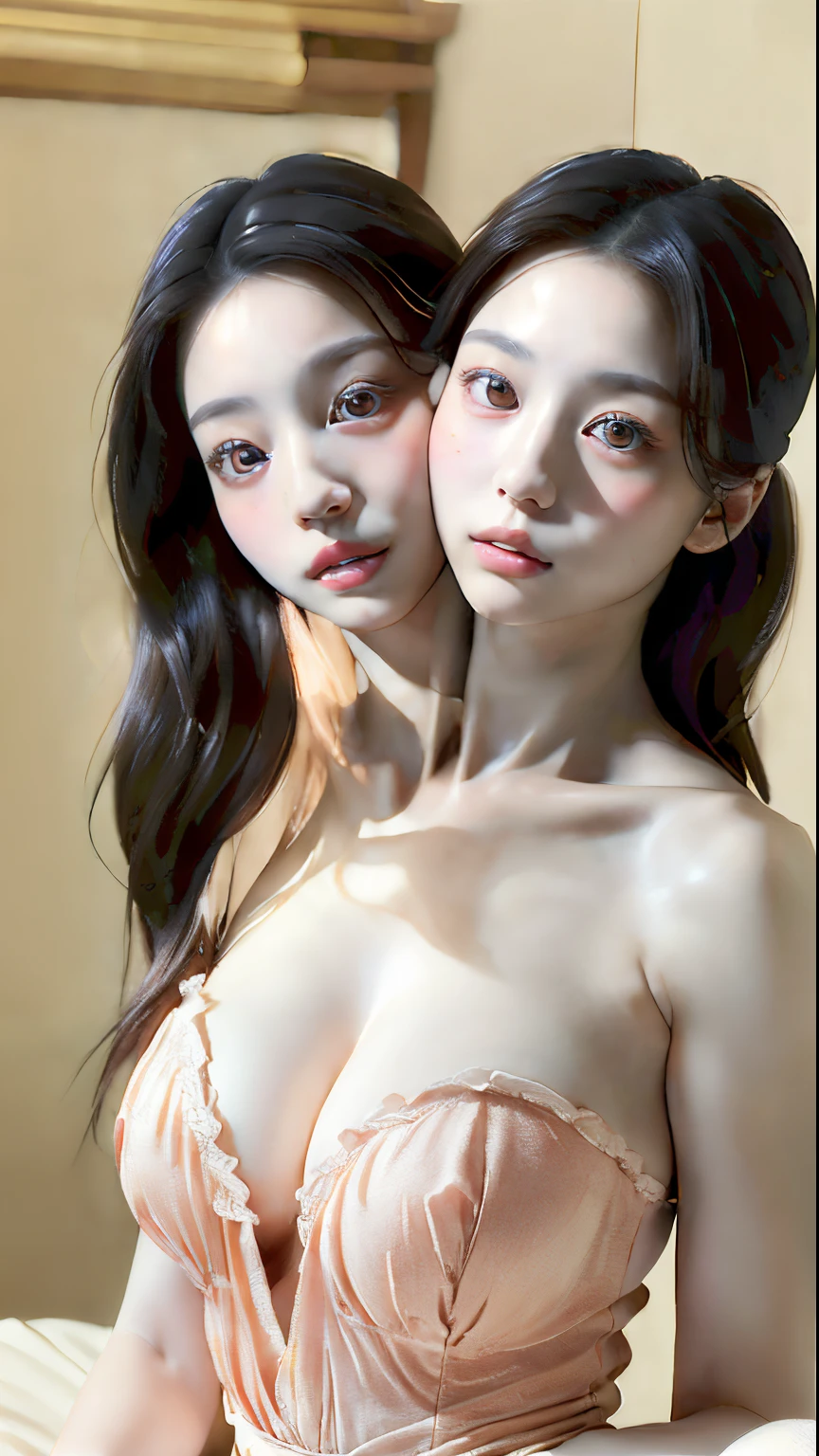 (Two heads), ((masterpiece:1.4, best quality)), ((masterpiece, best quality)), (photo realistic:1.4), (2heads:1.5), 1girl, two heads on one chest, professional lighting, physically-based rendering, very cute, big eyes, extremely detailed eyes and face, eyes with beautiful detail, beautiful japanese girl:1.05), face focus, tilted