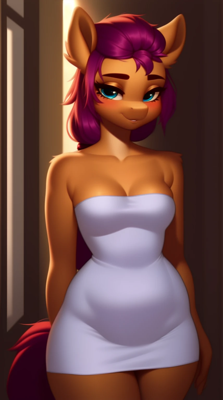 (score_9), (source_pony), (solo), (earth pony), ((anthro Sunny Starscout1.1)), (strapless white tube dress), sexy, blushing, seductive look, messy hair, lidded eyes, sultry pose, bedroom eyes, anatomically correct, night garden, small breasts, half body, solo, hourglass figure, curvy, plump body, young, short, chubby, cute, high res, facing straight at viewer,