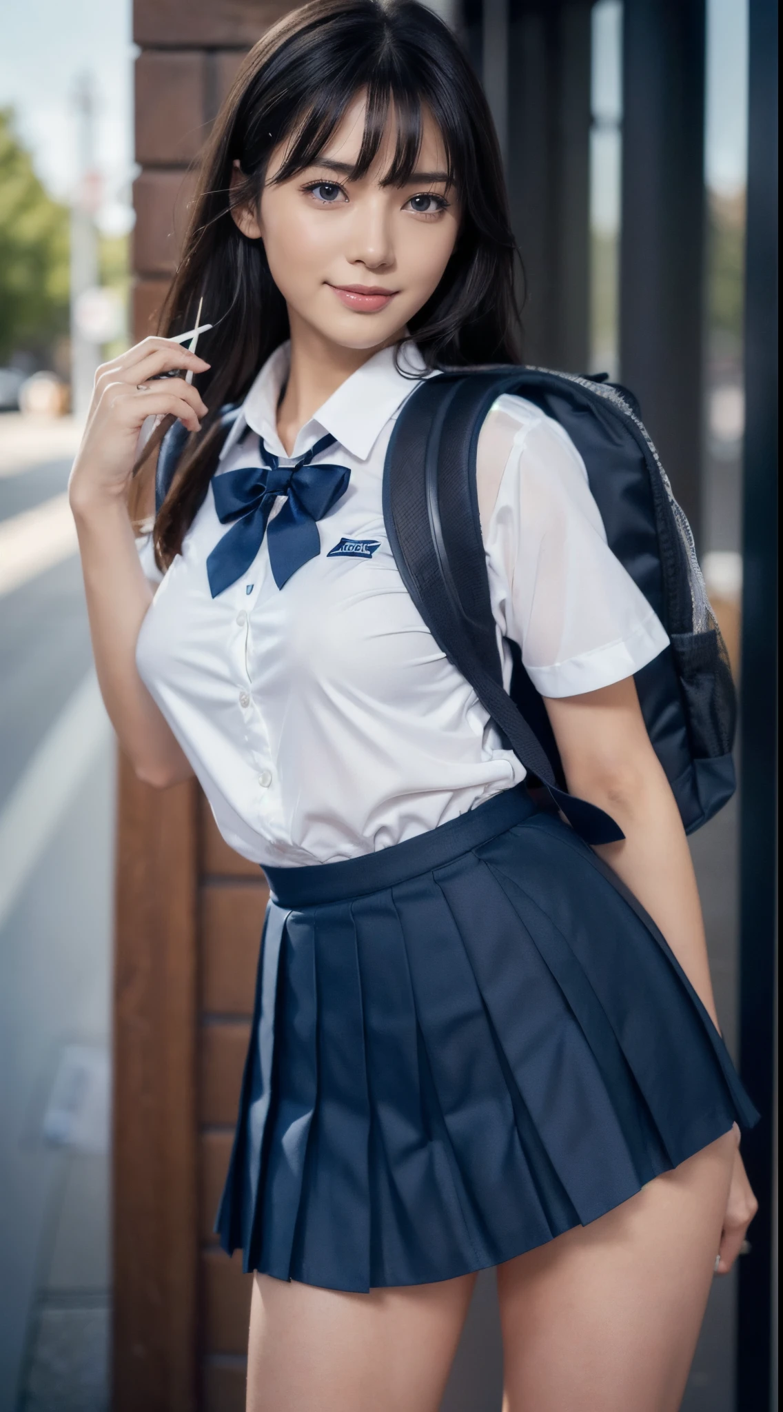 ((Dressing:1.8)), (((shool uniform:1.8, Dark blue pleated skirt:1.8, narrow white panties:1.8, backpack:1.8))), (((stick out buttocks:1.8, Point your butt at the camera:1.8, ssmile:1.8))), 1girl in, 独奏, , 7headed body, Ideal ratio body proportions, erectile nipple, Medium Hair, A dark-haired, With bangs, small tits, A slender, Small buttocks, beauty legs, Skinny Legs, surrealism, Cinematic lighting, depth of fields, One-person viewpoint, F/1.8, 135 mm, nffsw, masutepiece, ccurate, ((Anatomically correct:1.3)), Textured skin, Super Detail, high details, High quality, awardwinning, Best Quality, hight resolution, 8K