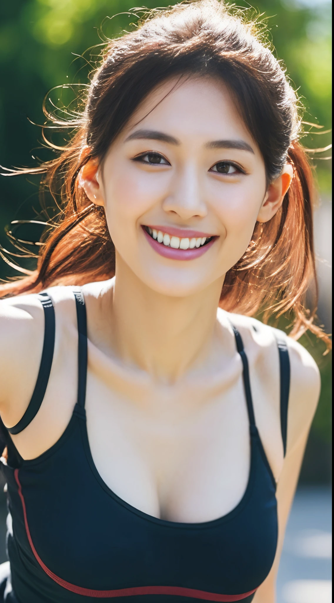 Highly detailed CG Unity 8k wallpaper, of the highest quality, super detailed, masutepiece, Realistic, photographrealistic, extremely detailed cute girl, 25 years old, Round eyes, viewer, blush, , Upper body , (get sweaty) , Camisole , sports gym、Power Rack、The upper part of the body,Colossal tits,Good Style