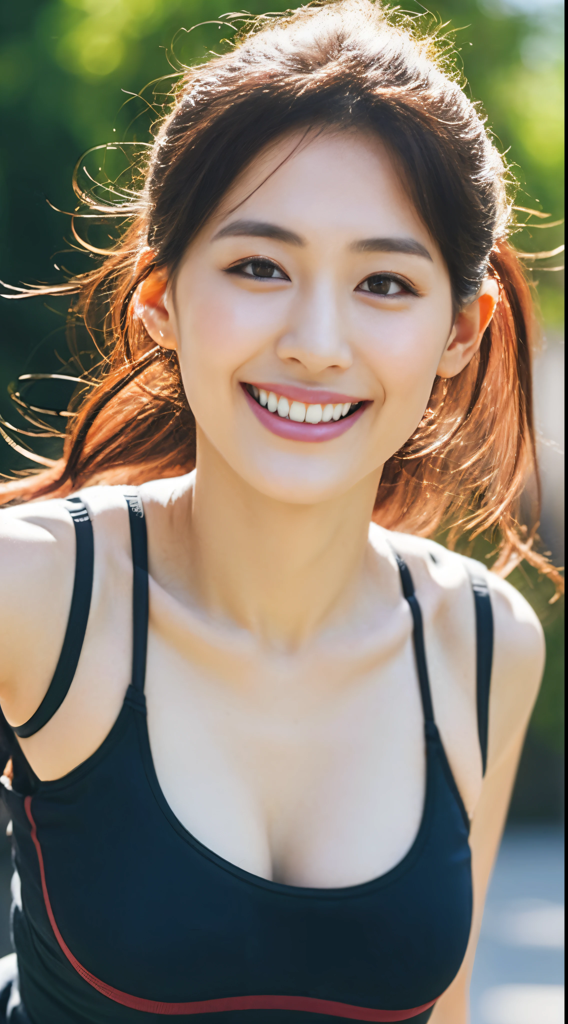 ((highest quality, 8k, masterpiece:1.3, 1 girl, beautiful girl)), High resolution, cute, dynamism, Detailed face, Detailed skin, Fine grain, Detailed lips, Realistic, RAW Photos, Natural light, Perfect Anatomy, Dynamic pose, Round ass, Toned Legs, double eyelid, Tear bags, Round eyes, Moist lips, Mouth details, Detailed tongue, Japanese Girls, Black Hair, bangs, (One piece school swimsuit), Racecourse, indoor, Detailed clothing, Sweaty, Wet clothes, Wet Hair, smile, Long Hair、ponytail