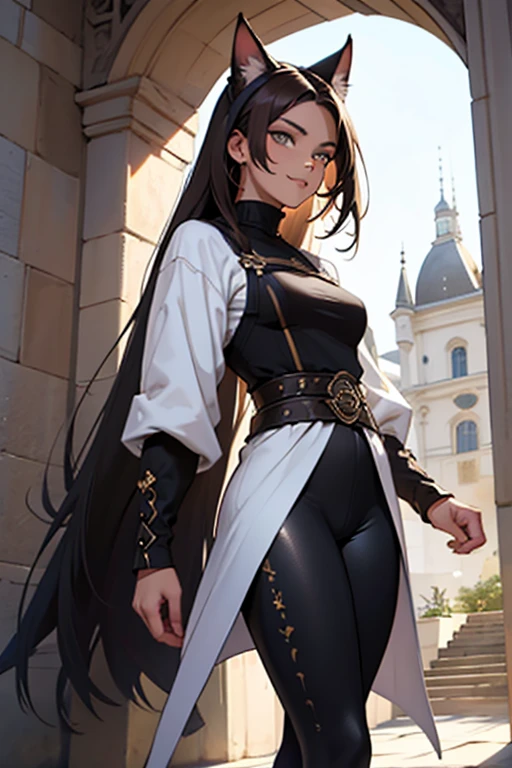 beautiful young female warrior fighter with cat ears on her head, com rosto bem detalhado e bonito, belos olhos, belos olhos, rosto lindo, beautiful young woman wearing long brown leggings with black details, sueter apertado branco, standing in a castle, usando bota preta, cabelo comprido com franja preto, ,orelhas de gato, belo sorriso, tomboy, um pouco musculosa,suter branco com cinta em volta, olhar serio,usando brazer apertado preto, com ombreiras de prata nos ombros