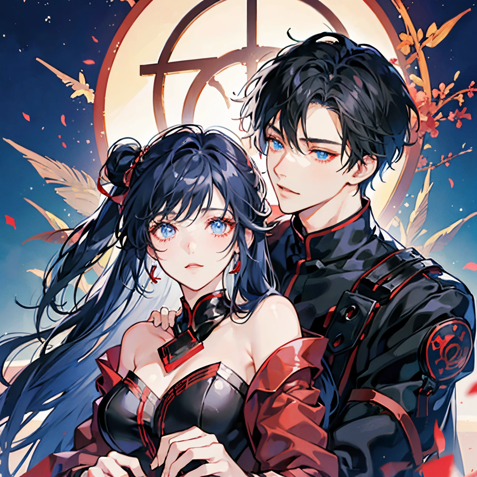 black-haired man and woman hugging each other,red eyed anime guy,Glowing red eyes, Lovey anime pose, blue eyed anime girl,Glowing blue eyes,a couple,lovey-dovey, gyuru