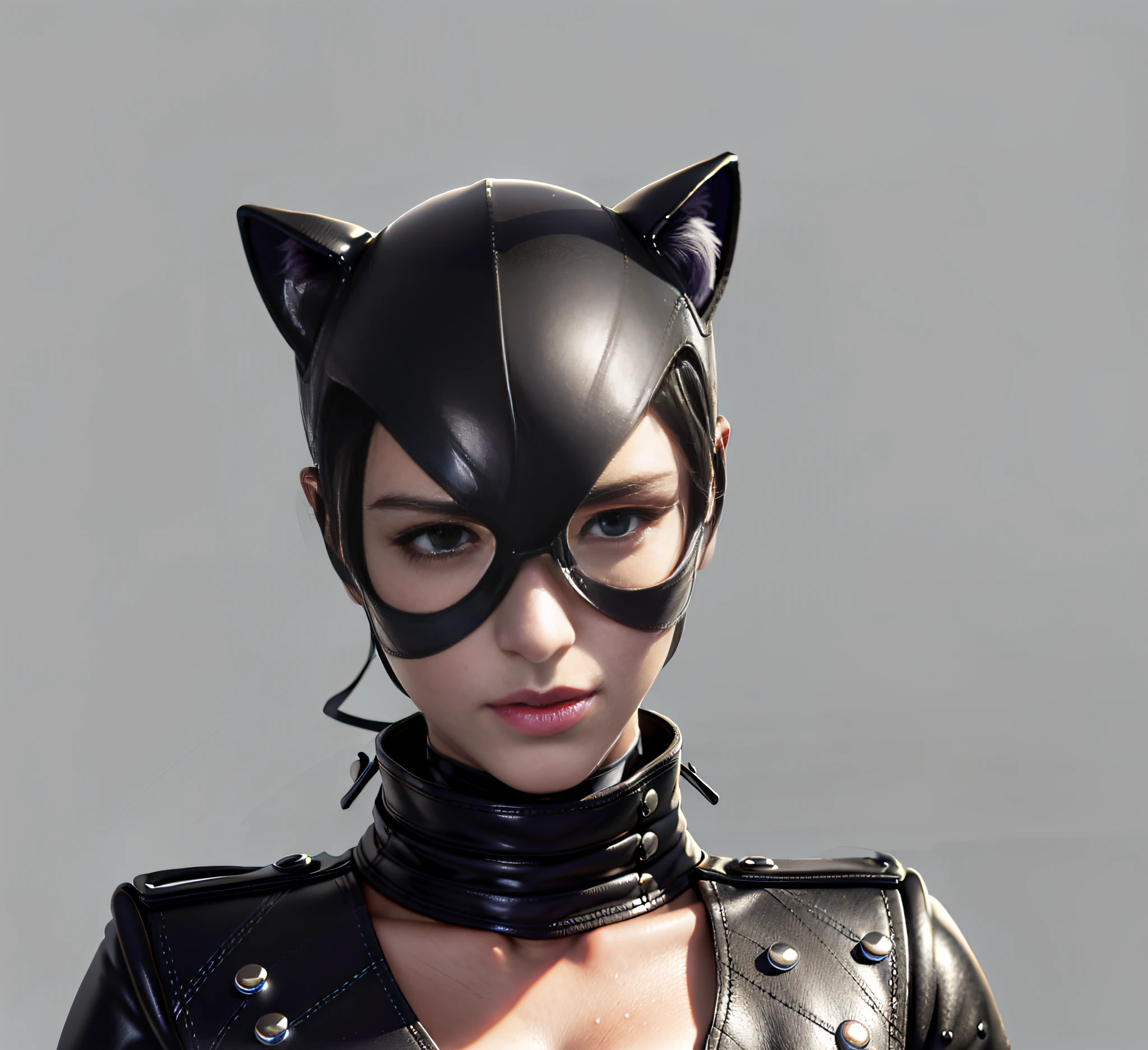 wearing the black leather jacket, Has attractive curves,and wearing a Catwoman mask......, cat woman, (Best quality, 4K, 8K, A high resolution, tmasterpiece:1.2), Black leather set, high-heels, ultra - detailed, (actual, realistically, realistically:1.37), cat woman, Conceptual artist style, (realistically:1.2), (EndlessReality), (tmasterpiece:1.2), (Best quality), (hyper-detailing), (8K, 4K, Complex), wearing gloves.