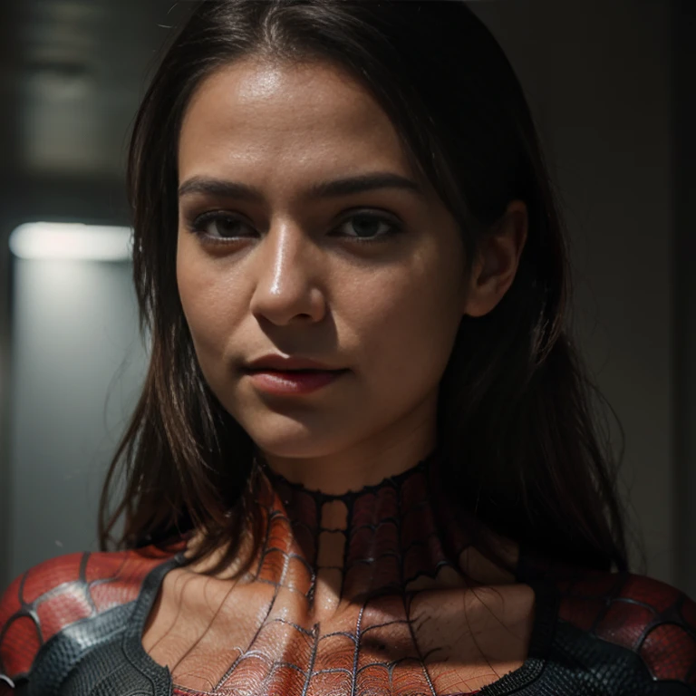 Closeup photo portrait of female Spiderman, atmospheric scene, masterpiece, best quality, (detailed beautiful face, detail skin texture, ultra-detailed body:1.1),