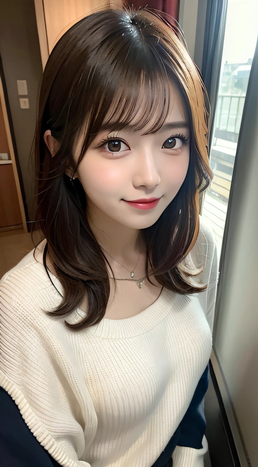 masutepiece, Best Quality, Illustration, Ultra-detailed, finely detail, hight resolution, 8K Wallpaper, Perfect dynamic composition, Beautiful detailed eyes, Winter clothes,Medium Hair,small tits,Natural Color Lip, a room、20 years girl、Cute、Show the camera your sexy look,Face that feels ecstasy,blur backgroun,KPOP Idol Face,Cute,Shoot from above,Kamimei,ssmile