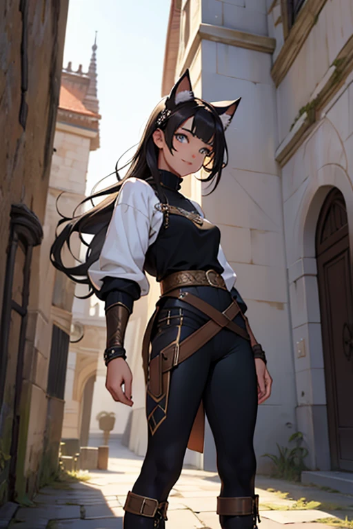 beautiful young female warrior fighter with cat ears on her head, com rosto bem detalhado e bonito, belos olhos, belos olhos, rosto lindo, beautiful young woman wearing long brown leggings with black details, sueter apertado branco, standing in a castle, usando bota preta, cabelo comprido com franja preto, ,orelhas de gato, belo sorriso, tomboy, um pouco musculosa,suter branco com cinta em volta, olhar serio,usando brazer apertado preto, com armadura nos ombros