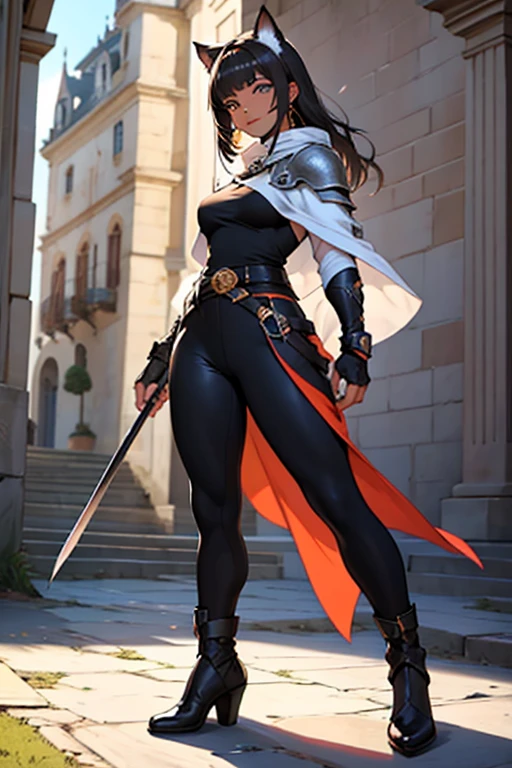 beautiful young female warrior fighter with cat ears on her head, com rosto bem detalhado e bonito, belos olhos, belos olhos, rosto lindo, beautiful young woman wearing long brown leggings with black details, sueter apertado branco, standing in a castle, usando bota preta, cabelo comprido com franja preto, ,orelhas de gato, belo sorriso, tomboy, um pouco musculosa,suter branco com cinta em volta, olhar serio,usando brazer apertado preto, com armadura nos ombros