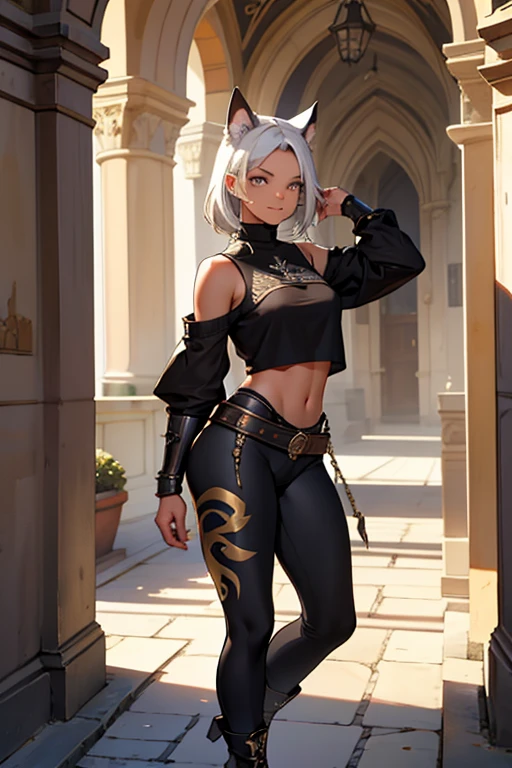 beautiful young female warrior fighter with cat ears on her head, com rosto bem detalhado e bonito, belos olhos, belos olhos, rosto lindo, beautiful young woman wearing long brown leggings with black details, sueter apertado branco, standing in a castle, usando bota preta, cabelo comprido com franja preto, ,orelhas de gato, belo sorriso, tomboy, um pouco musculosa,suter branco com cinta em volta, olhar serio,usando brazer apertado preto, com armadura nos ombros