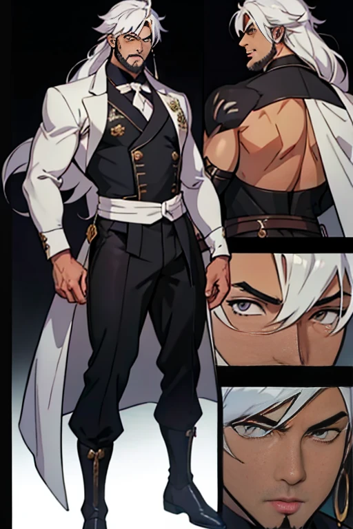 dark skin man, male, black eyes, white hair, long hair, anime style, 4k image, full body, holographic background, Character sheet, Handsome male. Perfect face, 6 ft 5 tall middle aged man. White hair. Long hair. Grey eyes. Beard. Eyepatch. Earrings. Toned body. Muscular male, character design sheet，full bodyesbian, Full of details, body front view, body back view,  Full body, muscle body, Formal Fantasy clothes. Genshin Impact. Hydro vision. Bulge in pants. Liyue, ((Masterpiece, Highest quality)), Detailed face, character design sheet， full bodyesbian, Full of details, frontal body view, back body view, Highly detailed, Depth