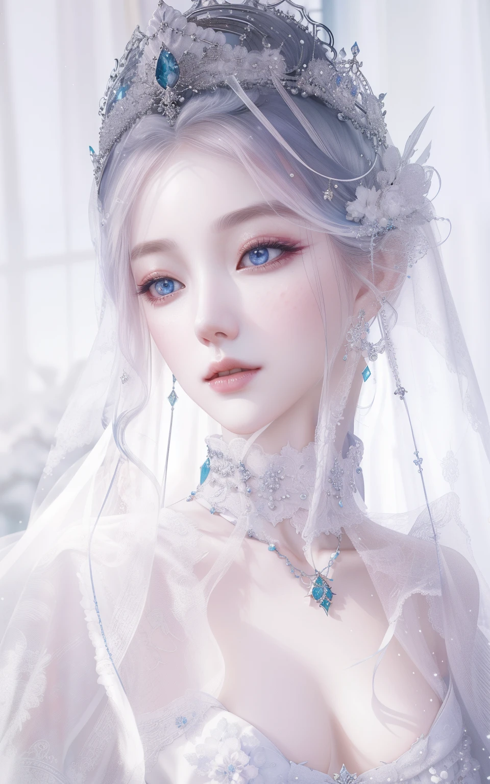 exquisite facial features，There was a woman，A veil is worn over the head，Wearing a necklace, beautiful fantasy queen beautiful fantasy queen)), Popular topics on cgstation, porcelain white skin, pale milky white porcelain skin, guweiz, Inspired by Huang Ji, Pale porcelain white skin, xianxia fantasy, White skin of the, Inspired by Tang Yifen