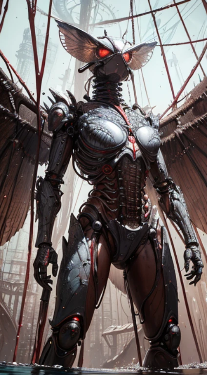 A Fly, big eyes, translucent wings, {{{mechanical body}}}, chrome joints, ((standing over a corpse)), (standing in a pool of blood)science fiction (((masterpiece))), (((best quality))), ((ultra-detailed)), (highly detailed CG illustration),cinematic light,((1Fly)),(machine made joints:1.4),science fiction, lab background!!