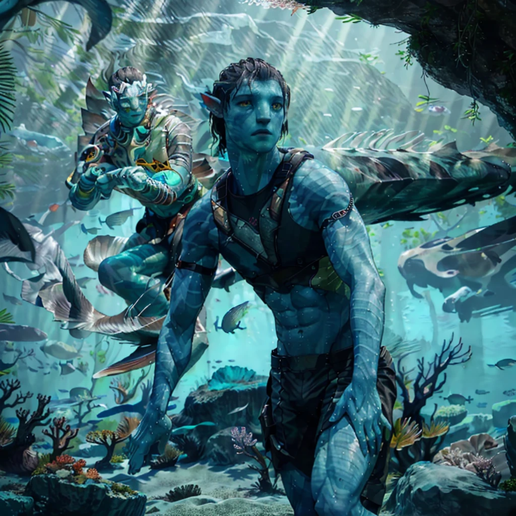 (best quality,4k,8k,highres,masterpiece:1.2),ultra-detailed,(realistic,photorealistic,photo-realistic:1.37),Male metkayina na'vi swimming in ocean reef with beautiful sea life, underwater world, intricate coral formations, schools of colorful fish, majestic sea turtles, exotic sea plants, crystal clear water, vibrant and diverse marine ecosystem, sun rays shining through the water, Na'vi swimming gracefully, peaceful and serene atmosphere,