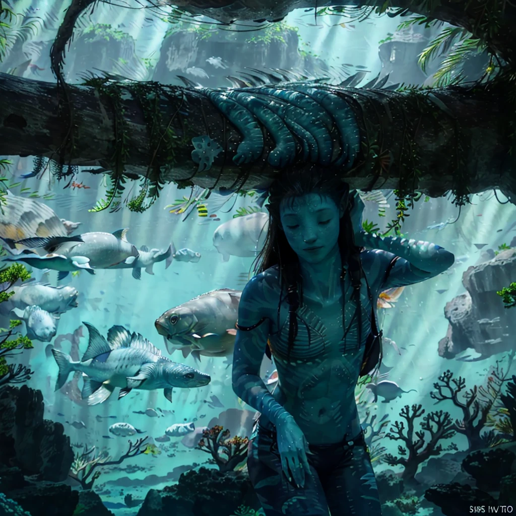 (best quality,4k,8k,highres,masterpiece:1.2),ultra-detailed,(realistic,photorealistic,photo-realistic:1.37),Male metkayina na'vi swimming in ocean reef with beautiful sea life, underwater world, intricate coral formations, schools of colorful fish, majestic sea turtles, exotic sea plants, crystal clear water, vibrant and diverse marine ecosystem, sun rays shining through the water, Na'vi swimming gracefully, peaceful and serene atmosphere,