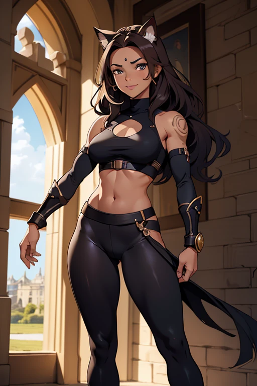 beautiful young female warrior fighter with cat ears on her head, com rosto bem detalhado e bonito, belos olhos, belos olhos, rosto lindo, beautiful young woman wearing long brown leggings with black details, sueter apertado branco, standing in a castle, usando bota preta, cabelo comprido com franja preto, ,orelhas de gato, belo sorriso, tomboy, um pouco musculosa,suter branco com cinta em volta, olhar serio,usando brazer apertado preto, com armadura nos ombros, olhar serio nos olhos