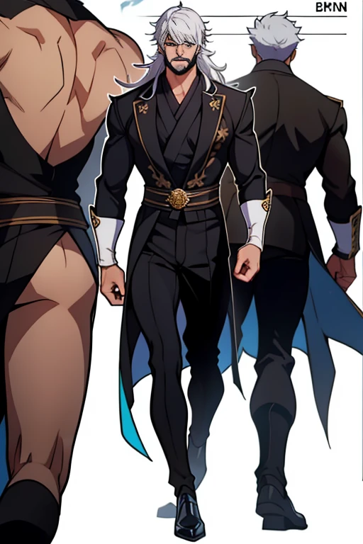 dark skin man, male, black eyes, white hair, long hair, anime style, 4k image, full body, holographic background, Character sheet, Handsome male. Perfect face, 6 ft 5 tall middle aged man. White hair. Long hair. Grey eyes. Beard. Eyepatch. Earrings. Toned body. Muscular male, character design sheet，full bodyesbian, Full of details, body front view, body back view,  Full body, muscle body, Formal Fantasy clothes. Genshin Impact. Hydro vision. Bulge in pants. Liyue, ((Masterpiece, Highest quality)), Detailed face, character design sheet， full bodyesbian, Full of details, frontal body view, back body view, Highly detailed, Depth