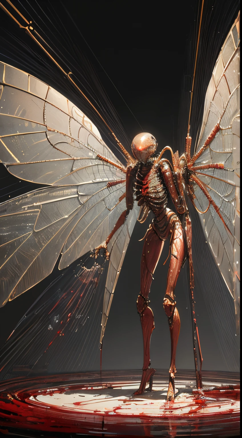A Fly, big eyes, translucent wings, {{{mechanical body}}}, chrome joints, ((standing over a corpse)), (standing in a pool of blood)science fiction (((masterpiece))), (((best quality))), ((ultra-detailed)), (highly detailed CG illustration),cinematic light,((1Fly)),(machine made joints:1.4),science fiction, lab background!!