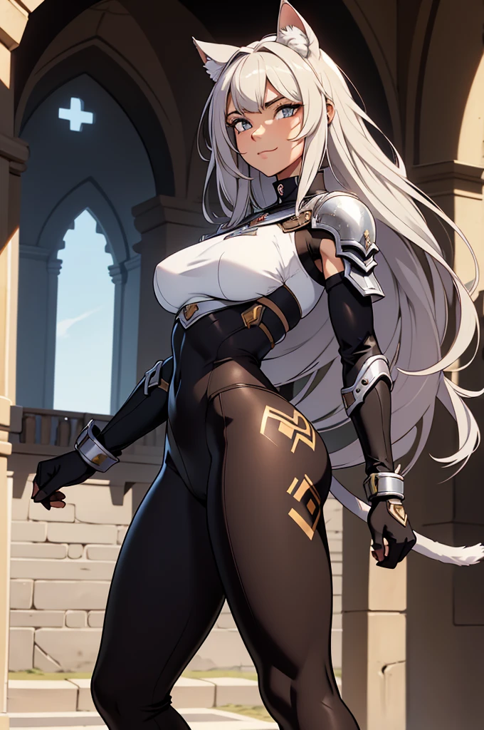 beautiful young female warrior fighter with cat ears on her head, com rosto bem detalhado e bonito, belos olhos, belos olhos, rosto lindo, beautiful young woman wearing long brown leggings with black details, sueter apertado branco, standing in a castle, usando bota preta, cabelo comprido com franja preto, ,orelhas de gato, belo sorriso, tomboy, um pouco musculosa,suter branco com cinta em volta, olhar serio,usando brazer apertado preto, com armadura nos ombros,olha serio nos olhos