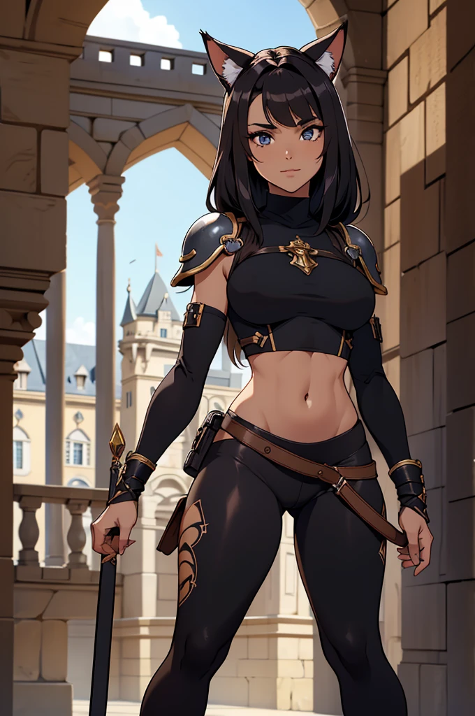 beautiful young female warrior fighter with cat ears on her head, com rosto bem detalhado e bonito, belos olhos, belos olhos, rosto lindo, beautiful young woman wearing long brown leggings with black details, sueter apertado branco, standing in a castle, usando bota preta, cabelo comprido com franja preto, ,orelhas de gato, belo sorriso, tomboy, um pouco musculosa,suter branco com cinta em volta, olhar serio,usando brazer apertado preto, com armadura nos ombros,olha serio nos olhos