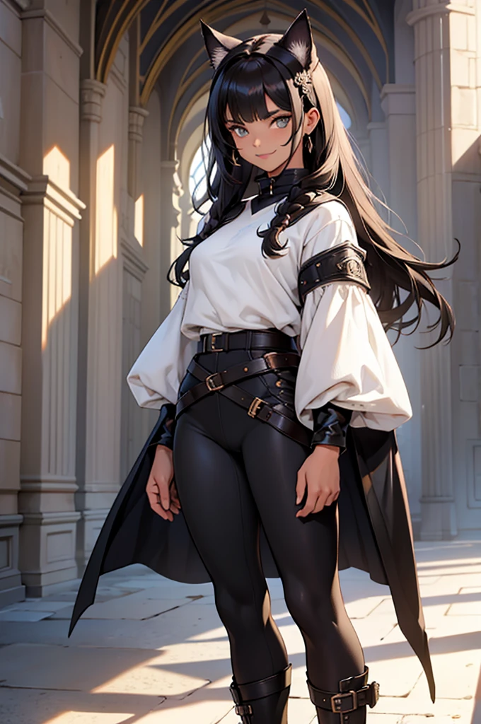 beautiful young female warrior fighter with cat ears on her head, com rosto bem detalhado e bonito, belos olhos, belos olhos, rosto lindo, beautiful young woman wearing long brown leggings with black details, sueter apertado branco, standing in a castle, usando bota preta, cabelo comprido com franja preto, ,orelhas de gato, belo sorriso, tomboy, um pouco musculosa,suter branco com cinta em volta, olhar serio,usando brazer apertado preto, com armadura nos ombros,olha serio nos olhos