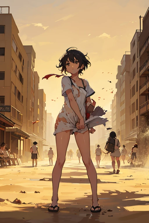  school nudist、Severely torn clothes are scattered、Fighting the sandstorm、Fighting strong winds、walk with a wide stance、Dynamism、crowd